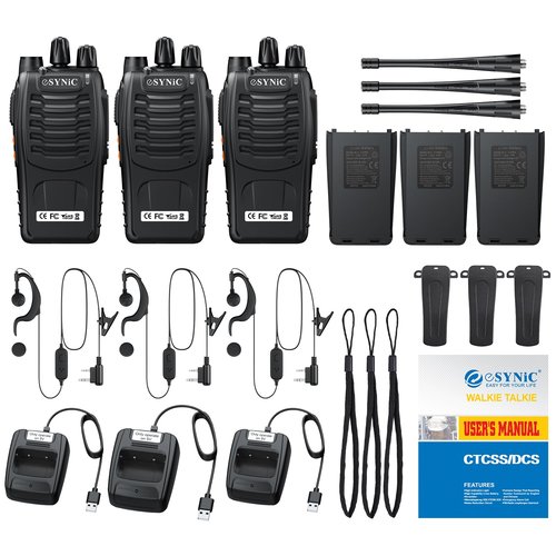eSynic 3-Pack Rugged Walkie Talkies-3 Miles Long Range 16CH 2 Way Radios with VOX- Compact-1500mAh Rechargeable Battery-3 Headsets & LED Light-Rain-Resistant-Easy to Use for Job Site/Camping/Hiking