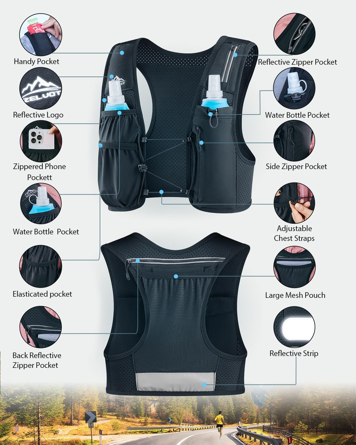 Skiennix Running Hydration Vest - Adjustable Chest Straps & 500ml Soft Flask | Lightweight & Reflective