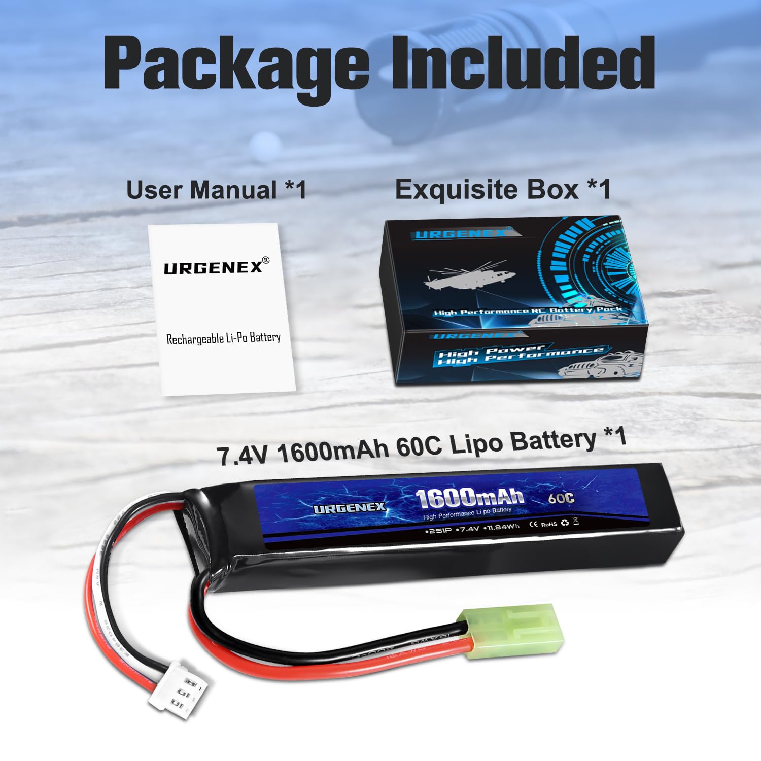 URGENEX Airsoft Battery 7.4V 1600mAh 60C High Discharge Rate Lipo Battery Pack with Mini Tamiya Plug Rechargeable 2S Lipos Fit for Airsoft Model Guns