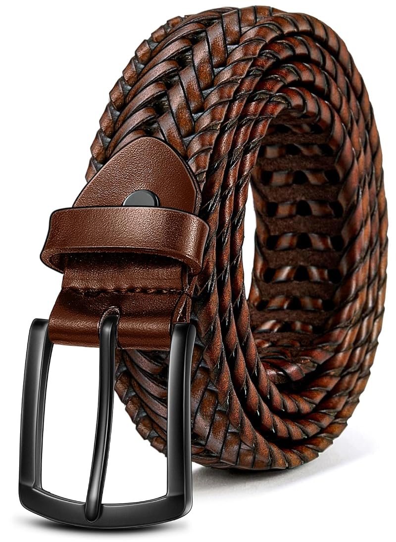 Gift Boxed Leather Belt for Men - 1 3/8" Woven, Holeless, Light Brown, Adjustable
