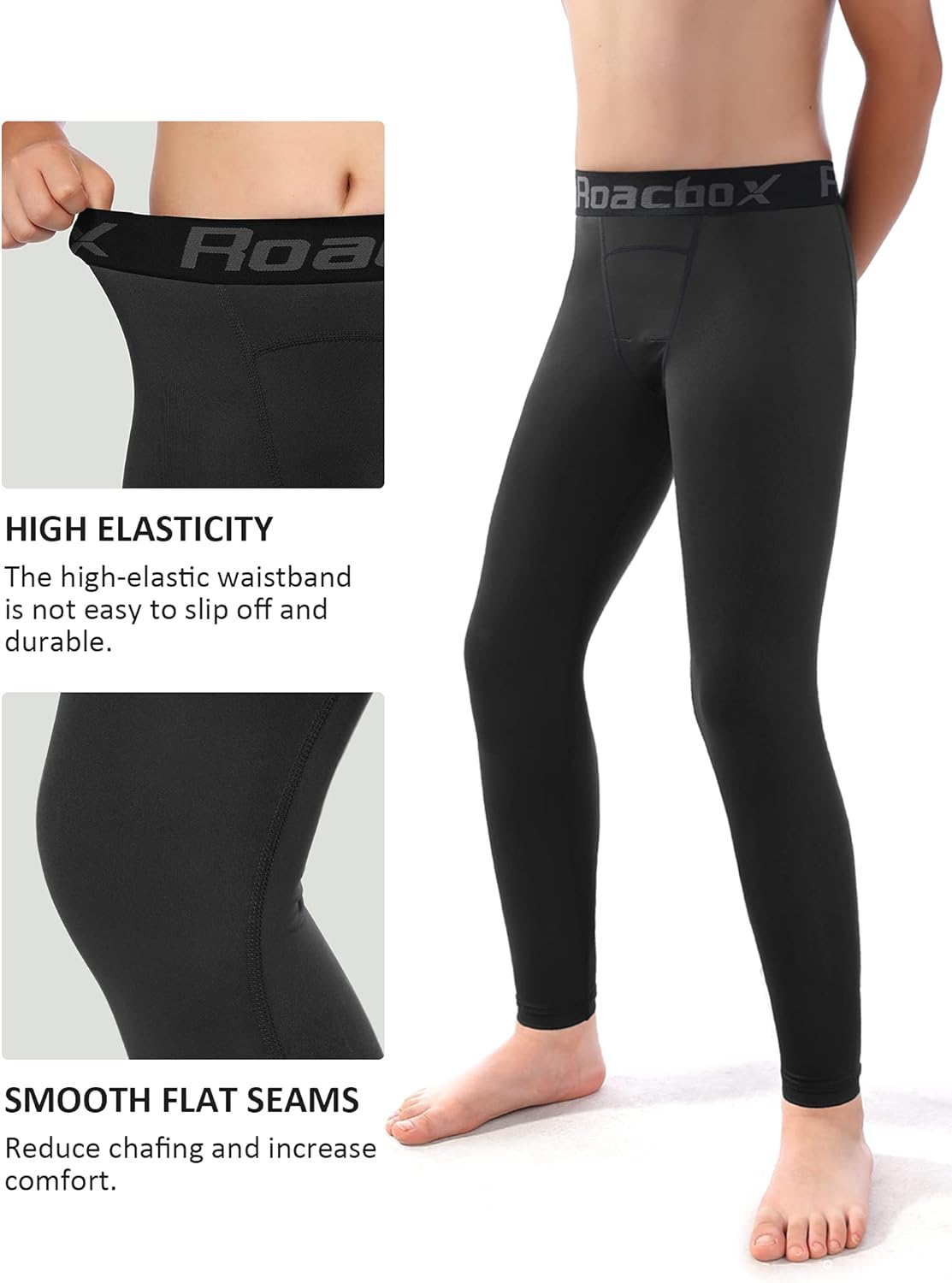 Roadbox Boys Compression Pants - Quick Dry Spandex Leggings for Youth | 2 Pack Tights for Running & Football