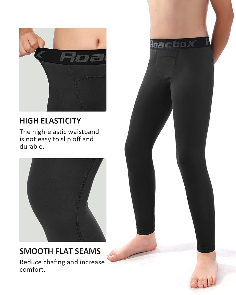 Roadbox Boys Compression Pants Black Medium – Quick-Dry Base Layer Leggings