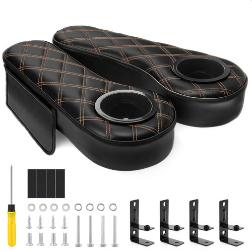 Panglong Golf Cart Armrest with Cup Holder Phone Bag, No Drilling Armrest Fits Yamaha Club Car EZGO Rear Seat with 1-Inch Square Tube, No Drilling PVC Leather Waterproof Armrest - Black