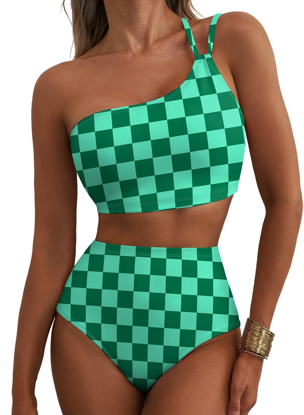 Herseas Women Bikini Sets One Shoulder 2 Piece Swim Suits High Waisted Tummy Control Push Up Adjustable Straps Bathing Suit Sexy Charming Beach Outfits Summer Green Checkered Medium