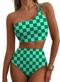 Herseas Women Bikini Sets One Shoulder 2 Piece Swim Suits High Waisted Tummy Control Push Up Adjustable Straps Bathing Suit Sexy Charming Beach Outfits Summer Green Checkered Medium