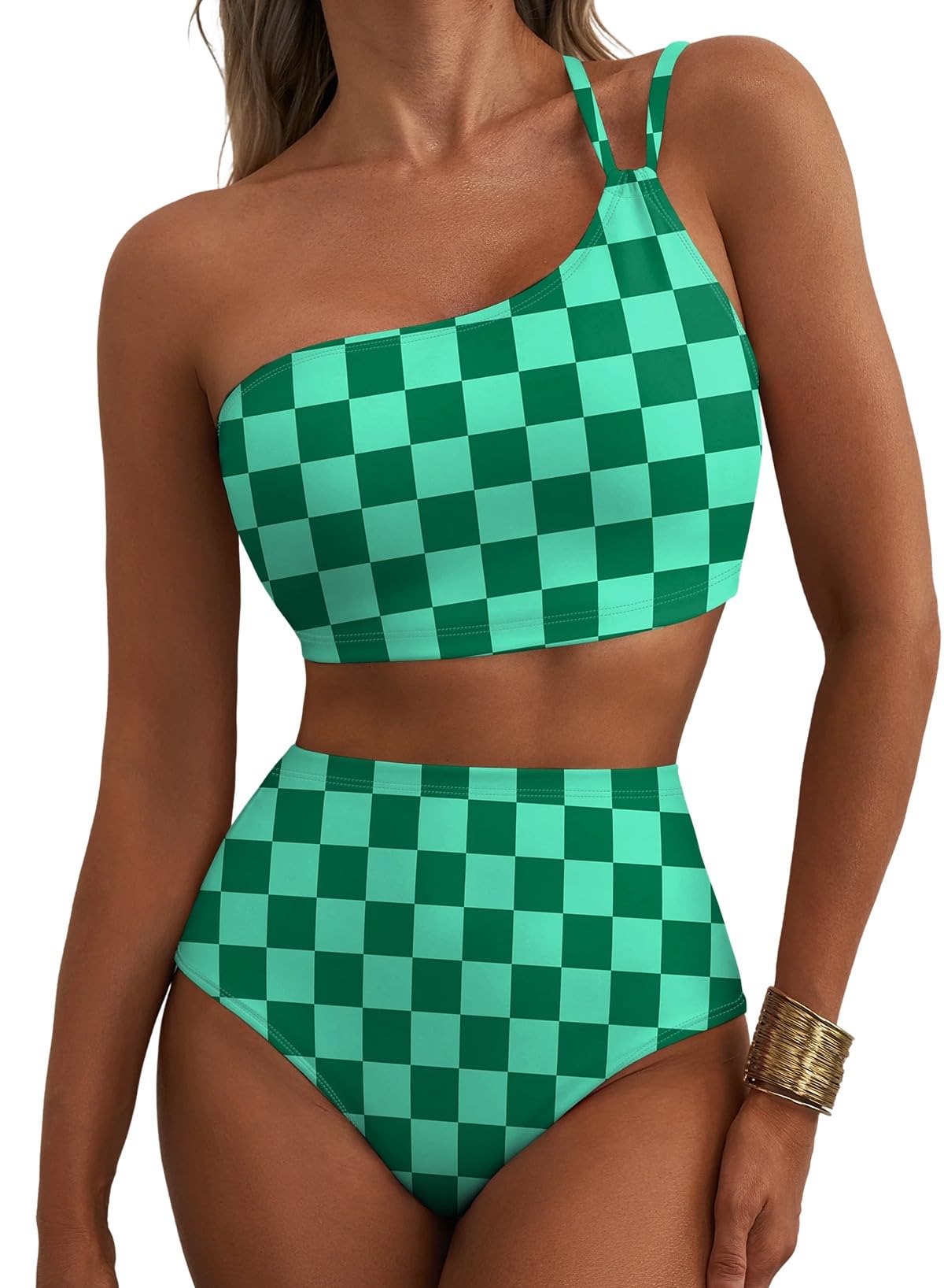 Herseas Women Bikini Sets One Shoulder 2 Piece Swim Suits High Waisted Tummy Control Push Up Adjustable Straps Bathing Suit Sexy Charming Beach Outfits Summer Green Checkered Medium