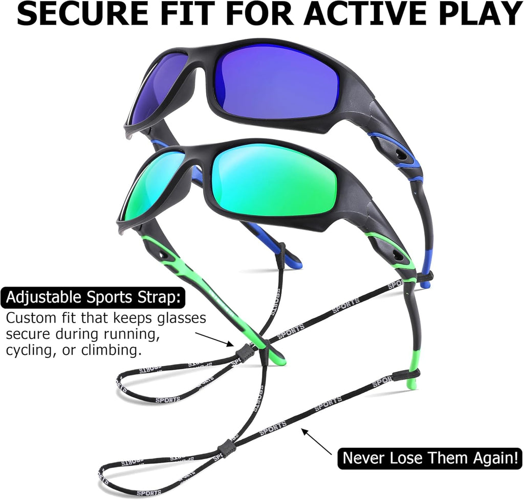 Skiennix Kids Baseball Sunglasses - Unbreakable Polarized Sports Shades with Strap for Ages 4-12