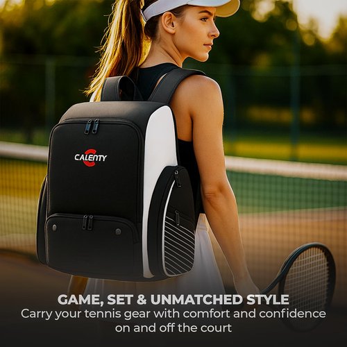 CALENTY Pickleball Bag Backpack – Large Pickleball Backpack Fits 2+ Paddles with Shoe Compartment, Fence Hook, Secure Ball Storage & 2 Keychains, Premium Pickleball Bag for Men and Women