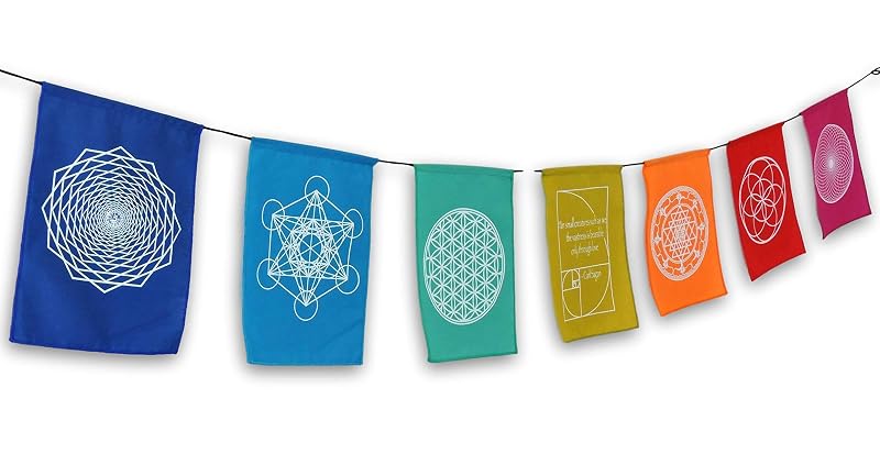 Sacred Geometry Rainbow Prayer Flags Set | Handprinted 9x12 In Indonesia