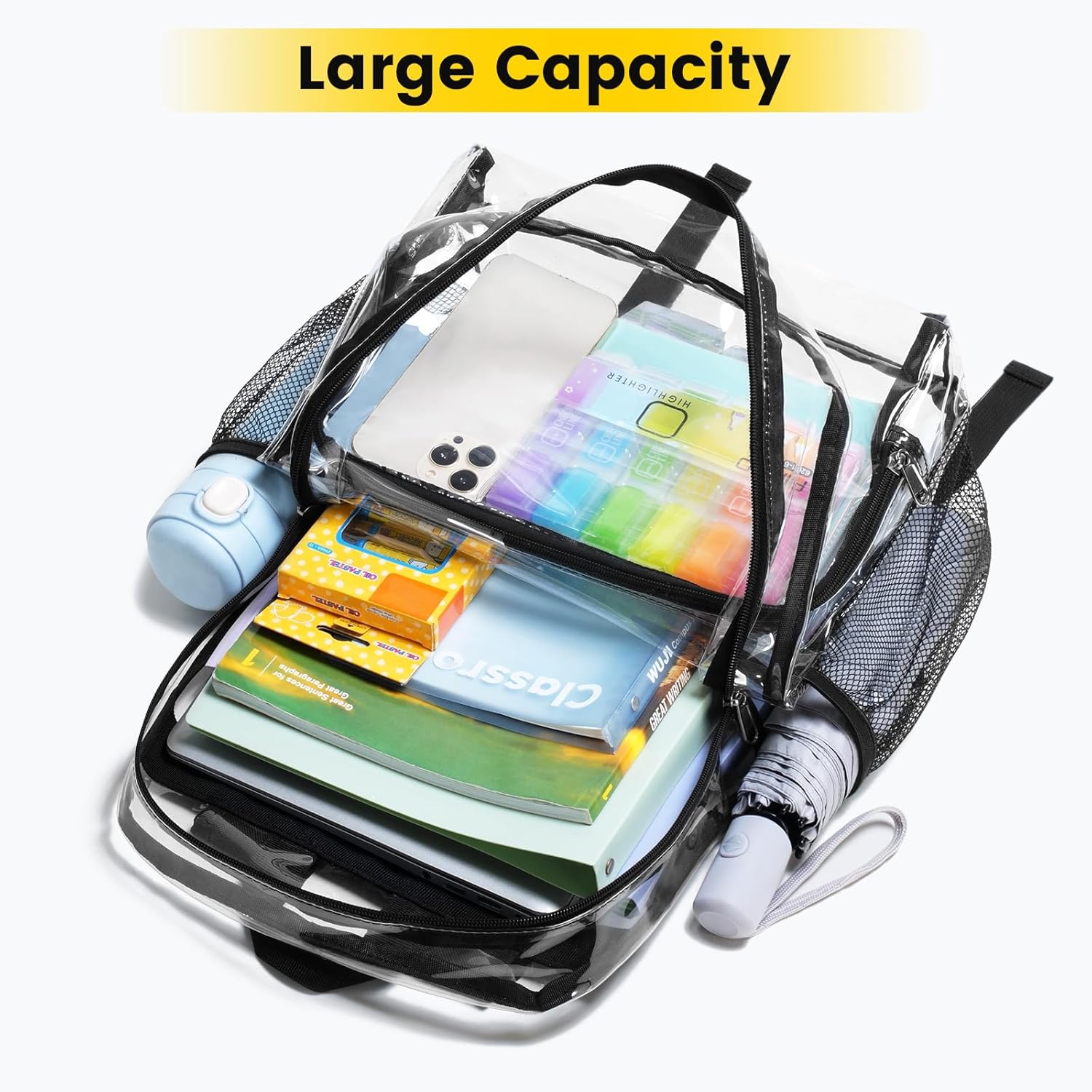 Vorspack Clear Backpack - Heavy Duty Large See-Through Bookbag for School & Work | Black