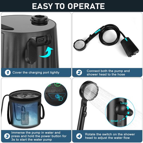 Portable Shower for Camping Essentials: 10000mAh Rechargeable Battery Powered Shower, IPX8 Waterproof Camp Shower Pump, 5-Speed Outdoor Shower with LED Display, Camping Gifts for Men, Dog Bath, Hiking