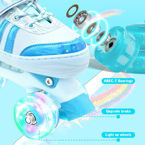 SMOOJOY Roller Skates for Girls Kids Boys,4 Size Adjustable Indoor Outdoor Blue Quad Rollerskates with Light up Wheels for Beginners Ages 6-12