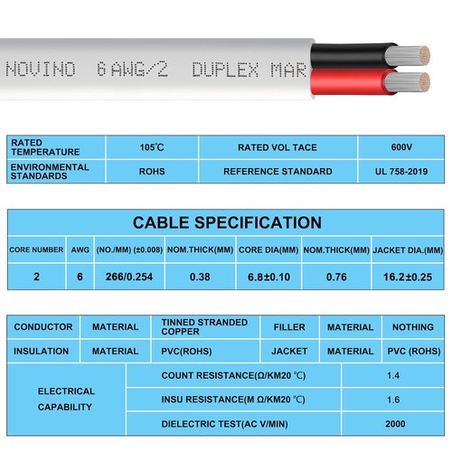 Marine Wire 6 AWG - Duplex Marine Grade Tinned Copper Electrical Cable | 100ft Red & Black for Boats, RVs, Trailers