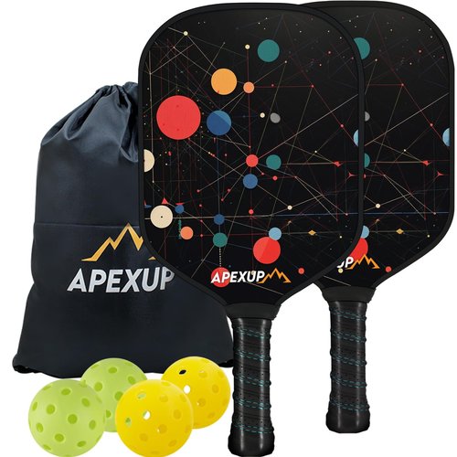 APEXUP Fiberglass Pickleball Paddles, Premium Pickleball Paddles Set of 2, Pickle Ball Set with Ergonomic Cushion Grip, 2 Pickleball Rackets, 4 Pickleball,1 Portable Bag (Colored Ball)