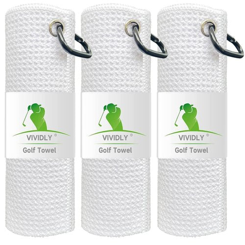 VIVIDLY 3 Pack Golf Towels (16" X 16"), Microfiber Waffle Pattern Golf Towel with Carabiner Clip, Suitable for Men's Golf Gifts (White)