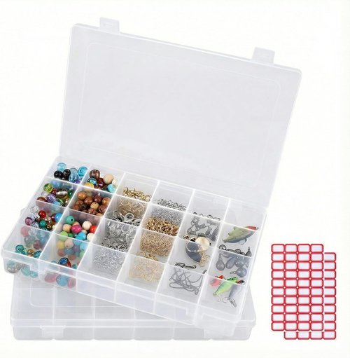 Megoogo Clear Plastic Organizer Box - 24 Grids with Adjustable Dividers for Crafts & Small Items | Bead Storage Container with Labels