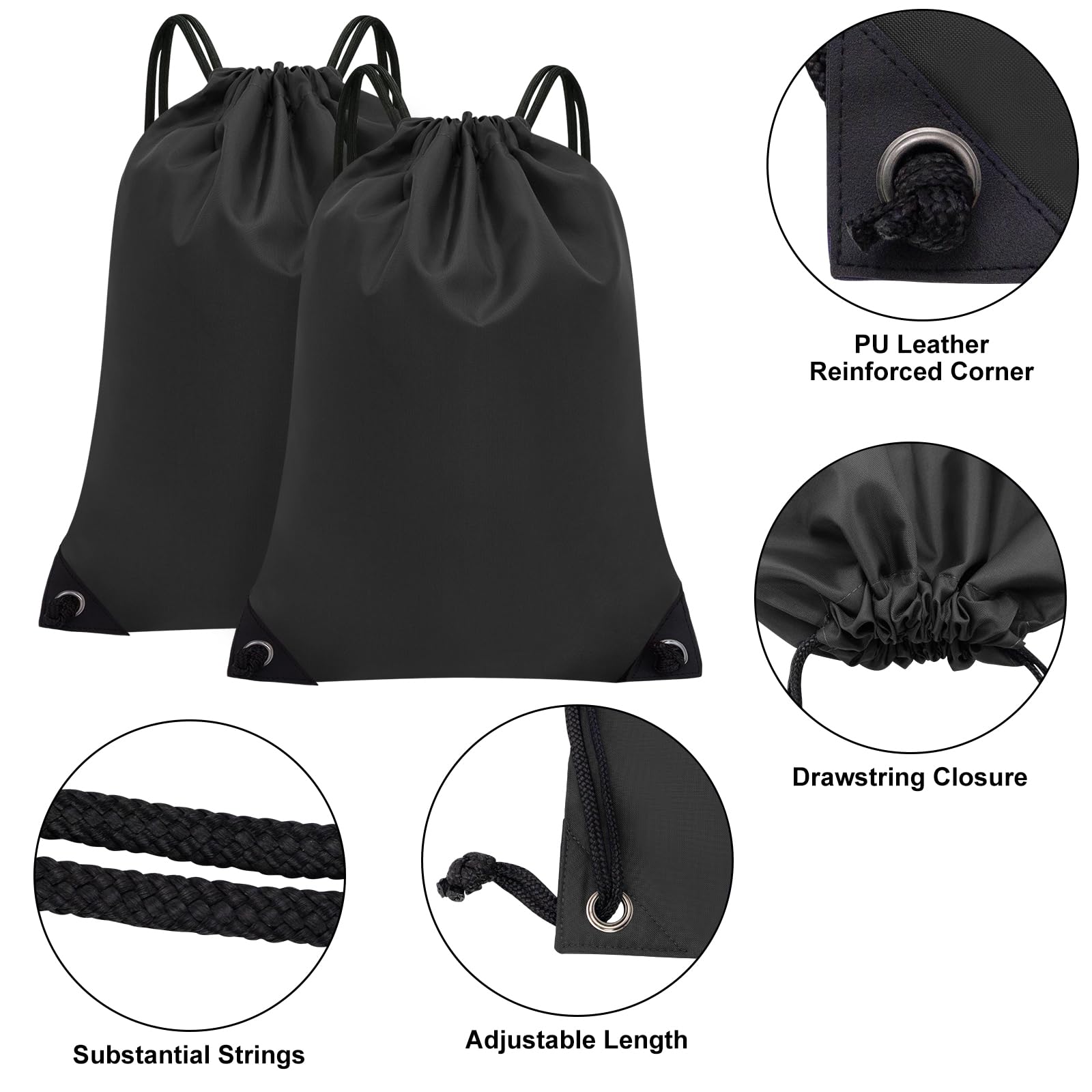 CALACH 2PCS Drawstring Bags Bulk, String Backpack for Men Women, Cinch Bag Draw String Back Bag for Gym, Sports, Travel, Swimming, Beach, Black