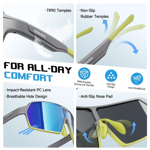Ynaahi Sports Sunglasses. Ultra-light TR90 Frame, UV400 protection. Ideal for Pickleball, Cycling and Outdoor sports
