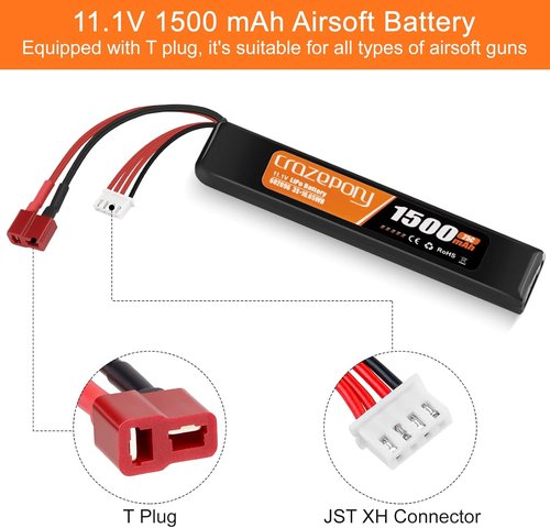 Crazepony 11.1V 1500mAh 3S LiPo Airsoft Battery - Rechargeable with T-Plug & JST XH Connector