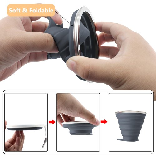 Litoexpe 4 Pack Silicone Collapsible Travel Cup Portable Folding Camping Cup Sets with Lids, Dark Gray & Pink & Navy Blue &Teal, Capacity 9.22oz (270ml)