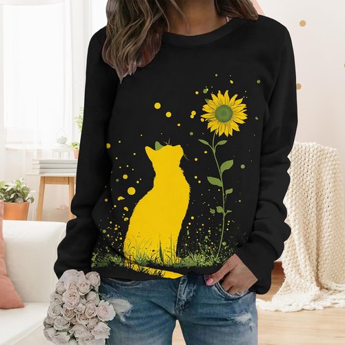 LOAIHA Women's Artistic Print Sweatshirt - Long Sleeve Crewneck Casual Pullover for Spring/Fall