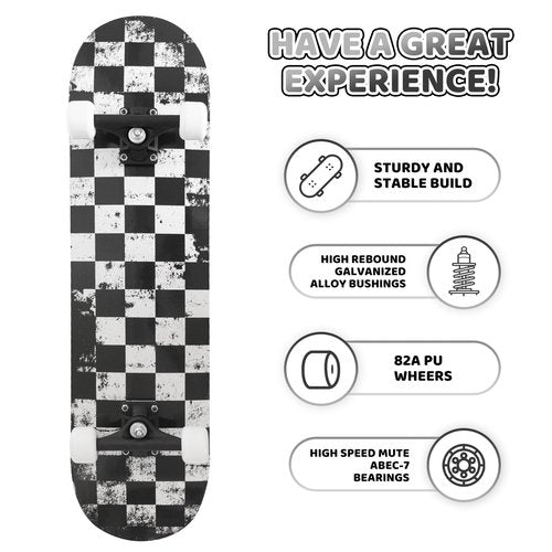 Nattork 31 Inch Complete Skateboard, Standard Skateboards Gift for Beginners, Wood 9 Layer Canadian Maple Trick Skate Boards for Boys Girls Youth Teens Checkerboard