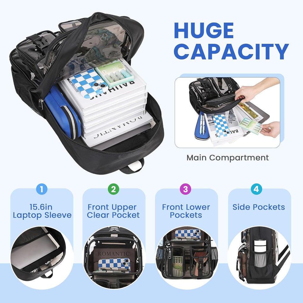 Skiennix Clear Backpack - Heavy Duty Transparent Bookbag for School | Semi-Black with Badge Holder