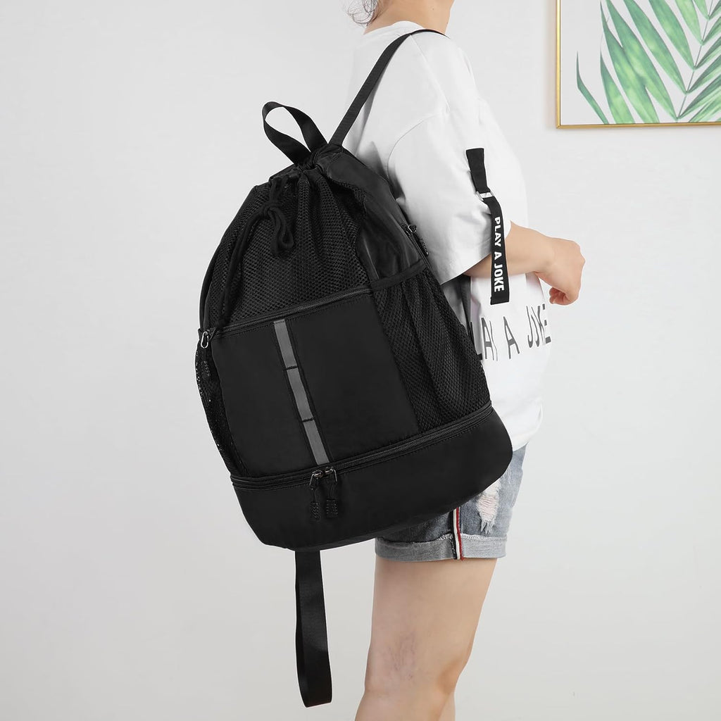 Valleycomfy Gym Bag - Drawstring Sports Backpack with Shoe Compartment & Reflective Strips | Black
