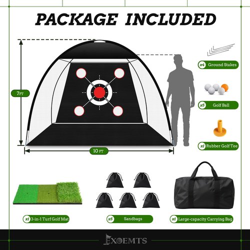 EXOEMTS Golf Net 10x7FT with Tri-Turf Mat, Ball, Target & Bag, All-in-One Golf Practice Hitting Net for Backyard Driving, Chipping & Swing, Indoor Outdoor Training Aid, Gift for Men Dad Him Golfer