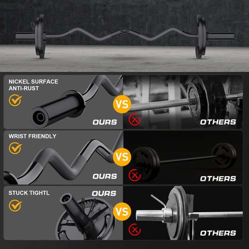 Olympic EZ Curl Barbell Bar, 47" Curl Bar for Weight Lifting, Home Gym Weight Bar- Strength Training,Squat,Hip Thrusts,Biceps, Chrome Curling for 2 Inch Plates -2 Spring Collars (Black)