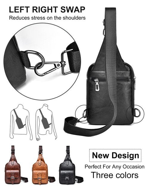 Geanbun Men's Leather Crossbody Sling Bag - Anti-Theft Multi-pocket Shoulder Bag for Hiking Trave (Black)