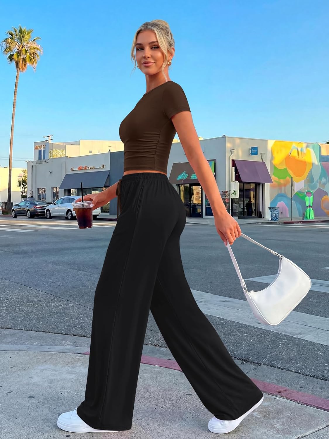 Trendy Queen 2 Piece Summer Lounge Set - Ruching Top & Wide Leg Pants with Pockets