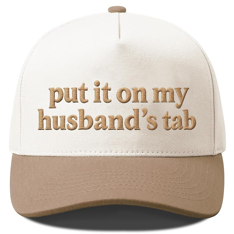 Put It On My Husband's Tab Trucker Hat for Women - Beige & Pink Embroidered Cap - Adjustable One Size