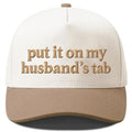 Put It On My Husband's Tab Trucker Hat for Women - Beige & Pink Embroidered Cap - Adjustable One Size