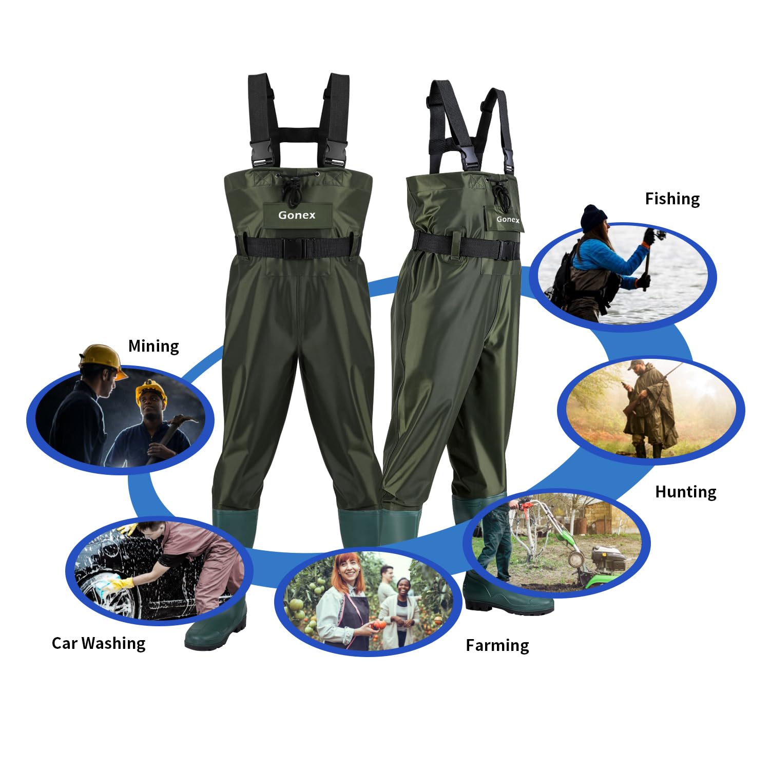 Gonex Chest Waders Hunting Fishing Waders for Men Women Waterproof 70D Nylon Wader for Duck Hunting Fishing, Green, Sizes 11