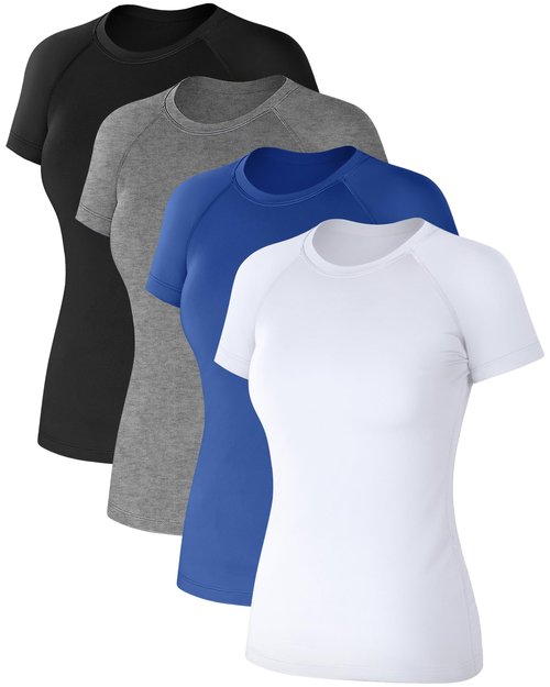 Coume 4 Pack Women's Compression Shirts Short Sleeve Workout Tops Running Athletic Yoga T-Shirt for Gym Sports Gear Quick Dry(Black Gray Blue White,S)