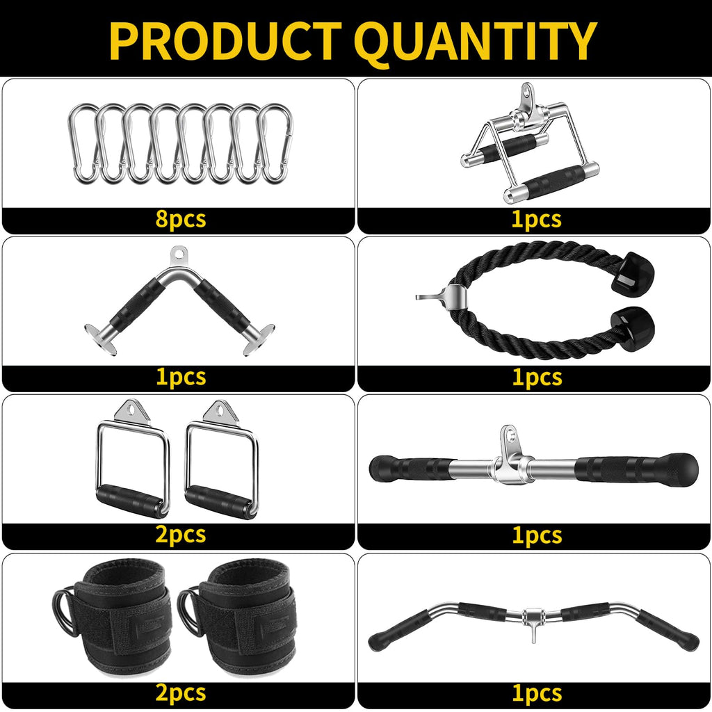 Cable Machine Attachment, LAT Pulldown Attachments, Home Gym Accessories, Triceps Pull Down Attachment (V Handle + Row Handle + Rotating Bar + Tricep Rope + Ankle Straps + D Handle + Curl LAT Bar)