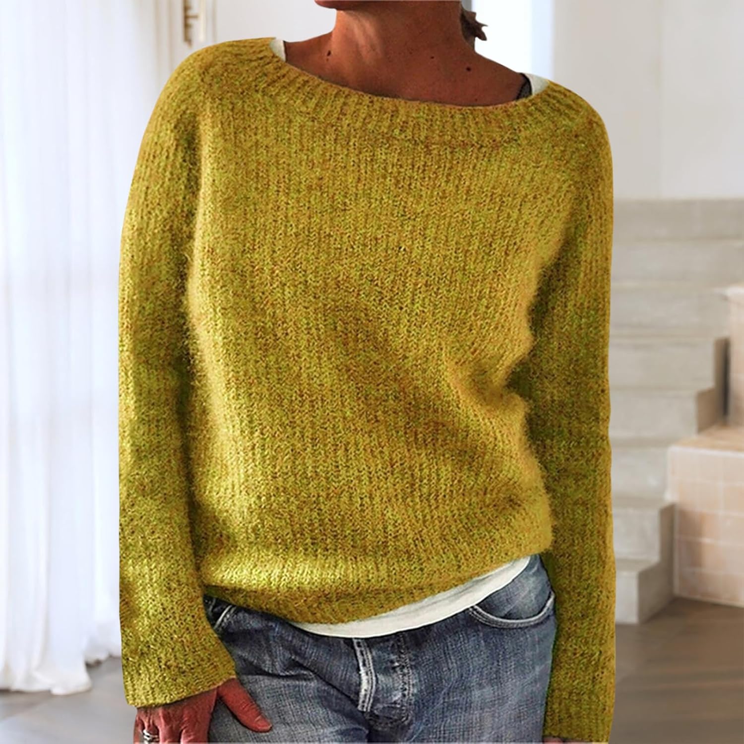 Skiennix Women's Casual Crewneck Pullover - Long Sleeve Ribbed Knit Sweater in Fall Colors