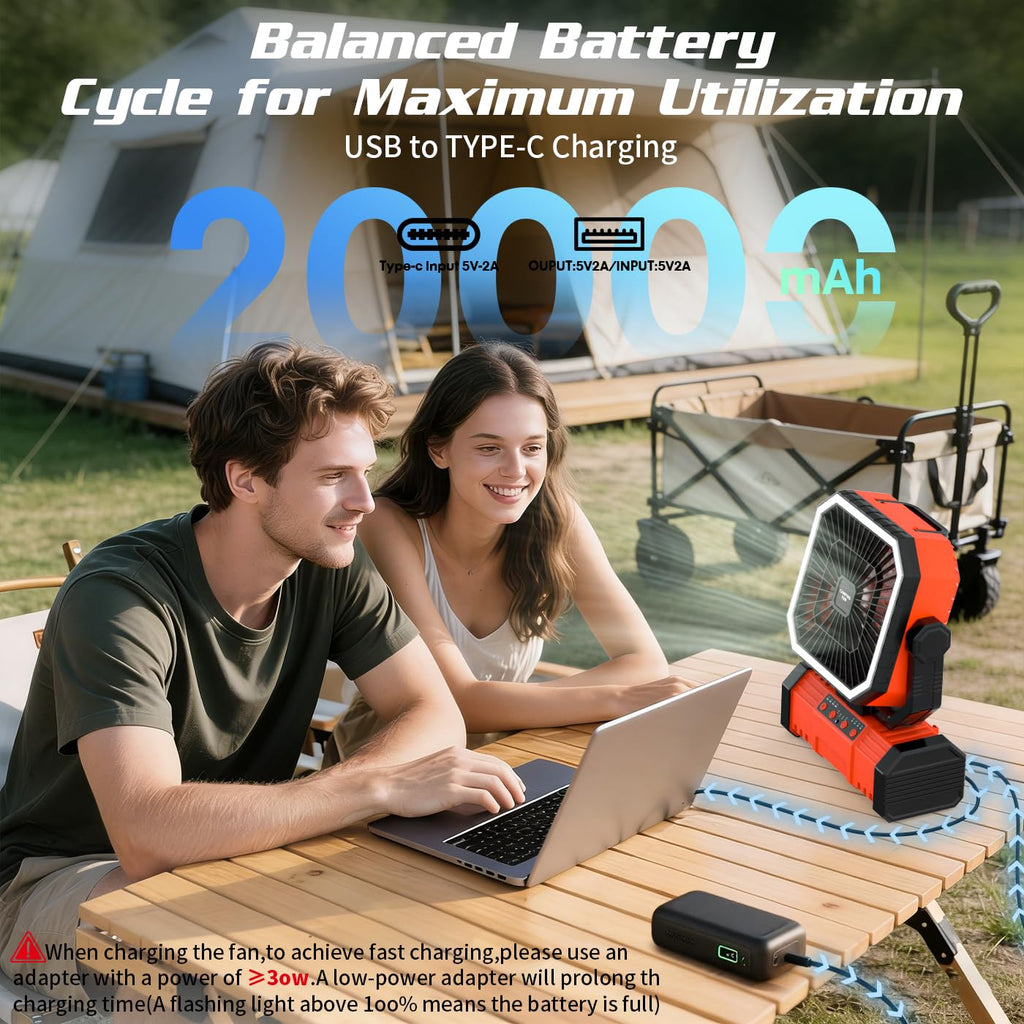 Super RGB 20000mAh Portable Camping Fans,Rechargeable Battery-Operated Oscillating Tent Fan with 4-Speeds,LED Light & Remote 360° Rotating Hook for Home,Outdoor and RV Travel in Summer Orange