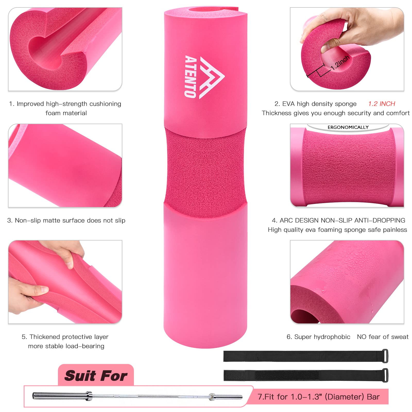 ATENTO 10 Pcs Barbell Pad Set, Hip Thrust Pad for Bench Press, Lunges, Workout, Leg Exercise, Squat Bar Pad (Pink)