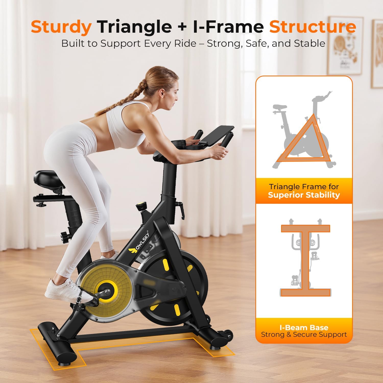 OWLSKY Exercise Bike - Quiet Indoor Cycling Stationary Bike with APP, 300 lbs Capacity, Adjustable Seat & Tablet Holder