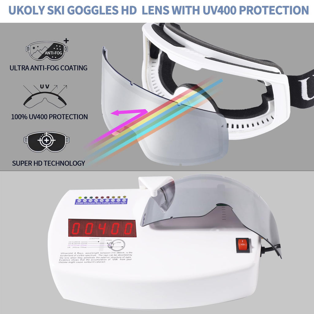 Ukoly Ski/Snowboard Goggles for Men Women, Snow Goggles HD Lens Anti-Fog Coating OTG Design UV400 Protection Windproof (White Frame Silver HD Lens)