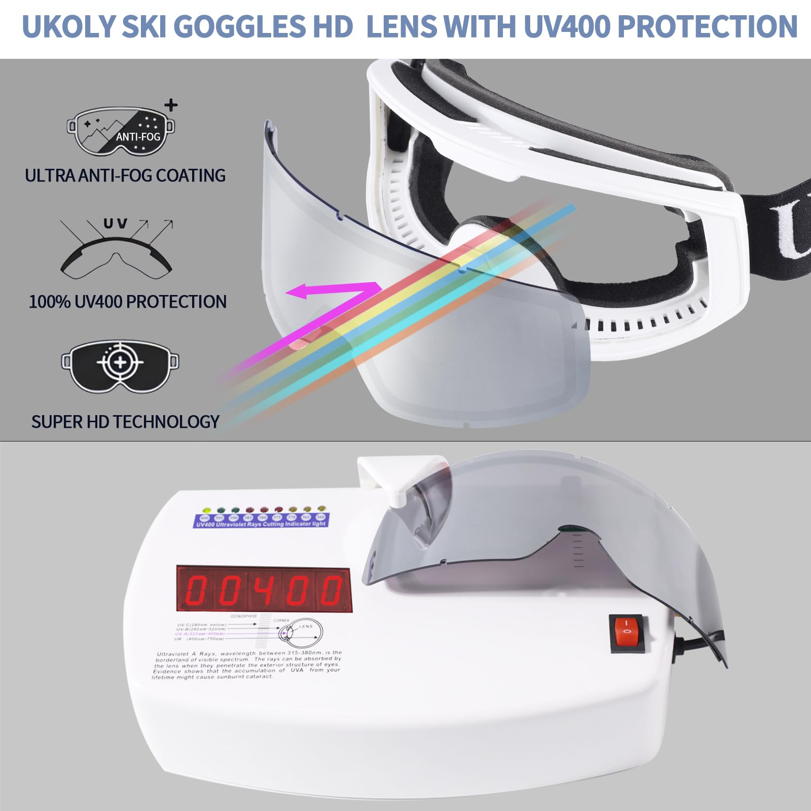 Ukoly Ski/Snowboard Goggles for Men Women, Snow Goggles HD Lens Anti-Fog Coating OTG Design UV400 Protection Windproof (White Frame Silver HD Lens)