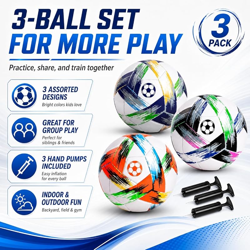 Soccer Ball Size 3/4/5 with Pump - Tri-Color PVC, 7.8in Diameter, Includes 3-Pack