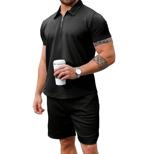 GYMELITE Men's 2 Piece Short Sets Outfits Summer Polo Shirts and Shorts Casual Zip Short Sleeve Fashion Shorts Tracksuit Set(BK XL)
