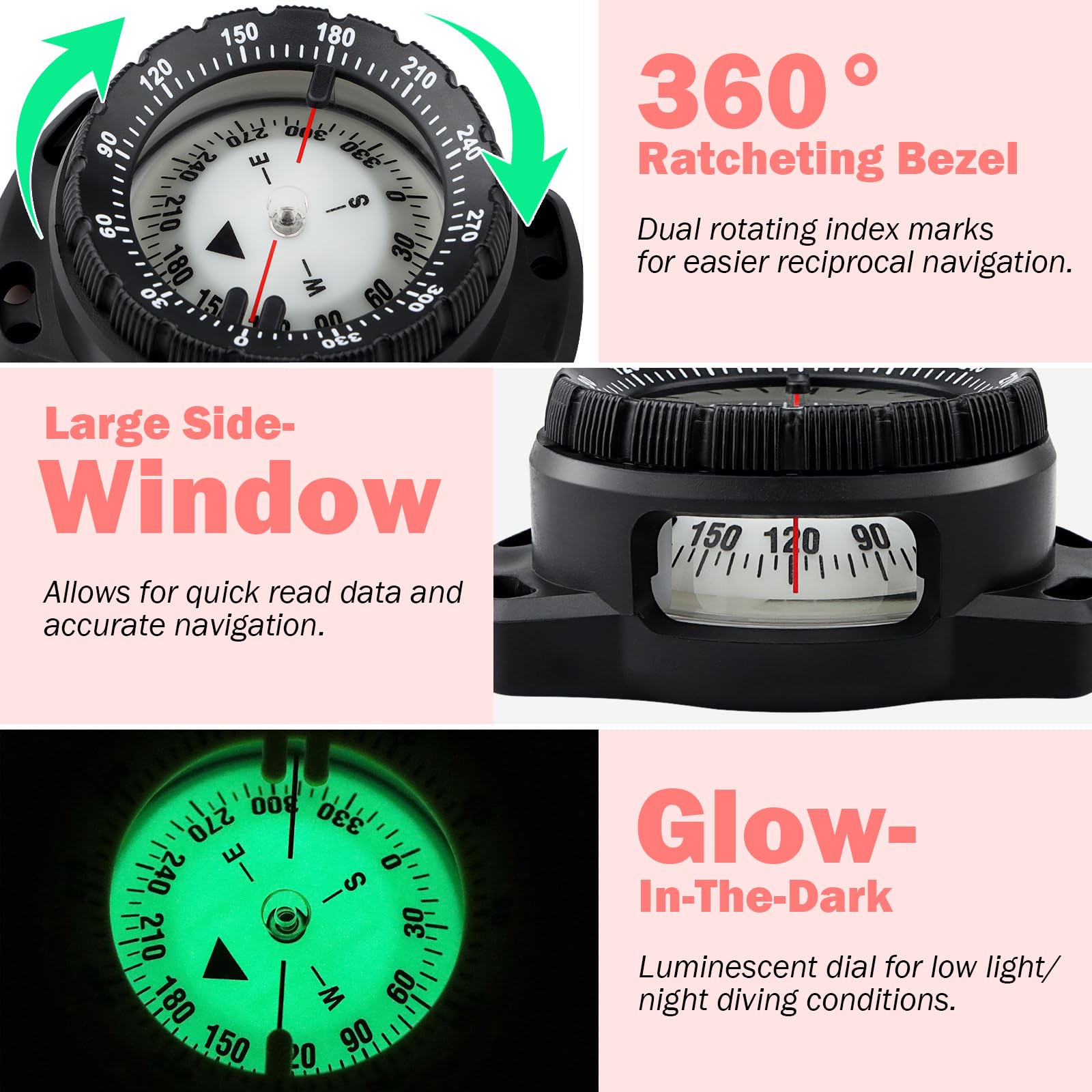 Scuba Dive Compass, Waterproof 5ATM Marine Navigation Wrist Compass with Bungee Mount and Cord, Glow in The Dark for Underwater Diving, Sailing, Camping, Kayaking, Hiking (Black)