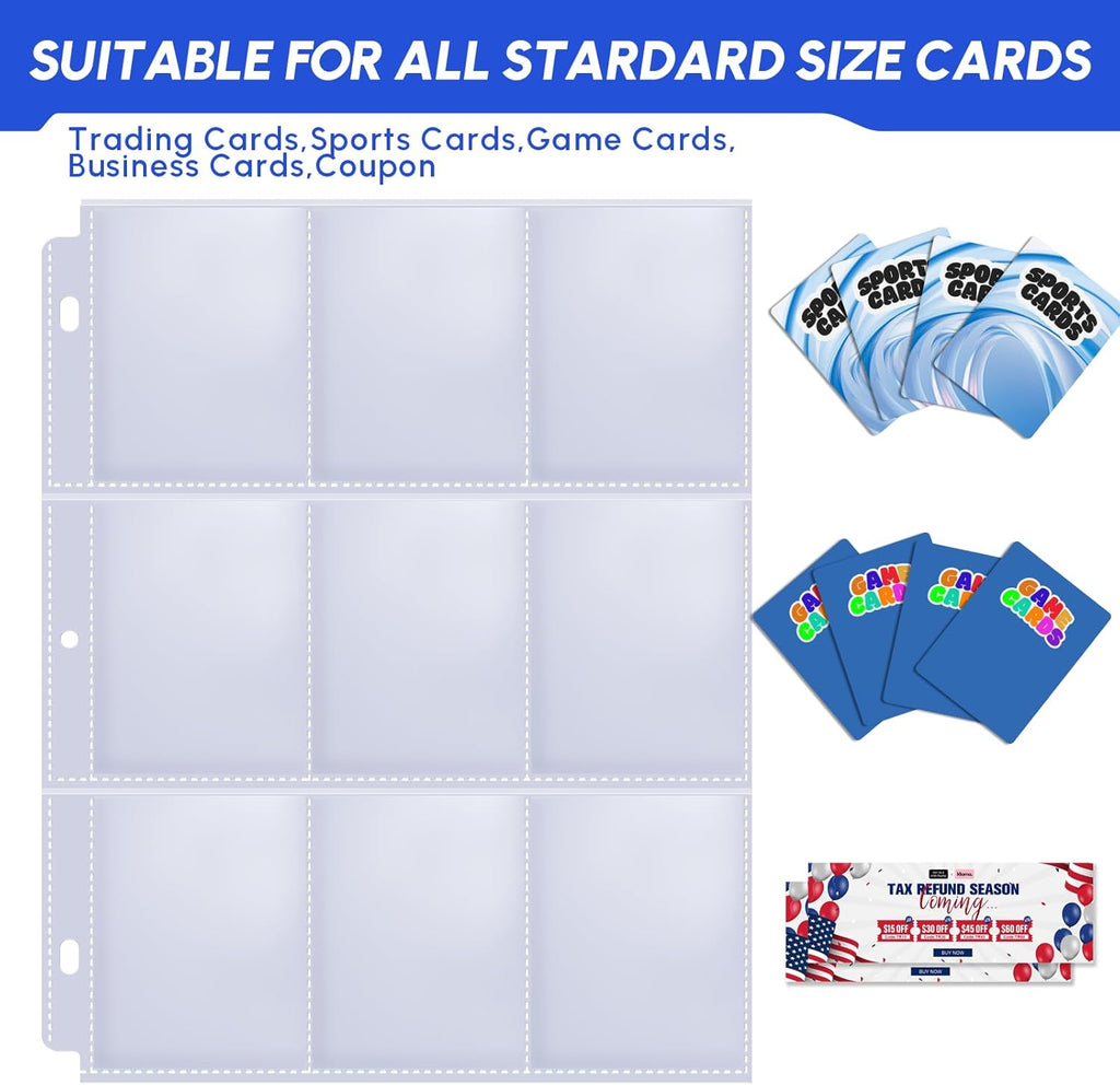 Skiennix 200-Pack Trading Card Sleeves - 9 Pocket Page Protectors for 3-Ring Binders | Ideal for Sports & Game Cards