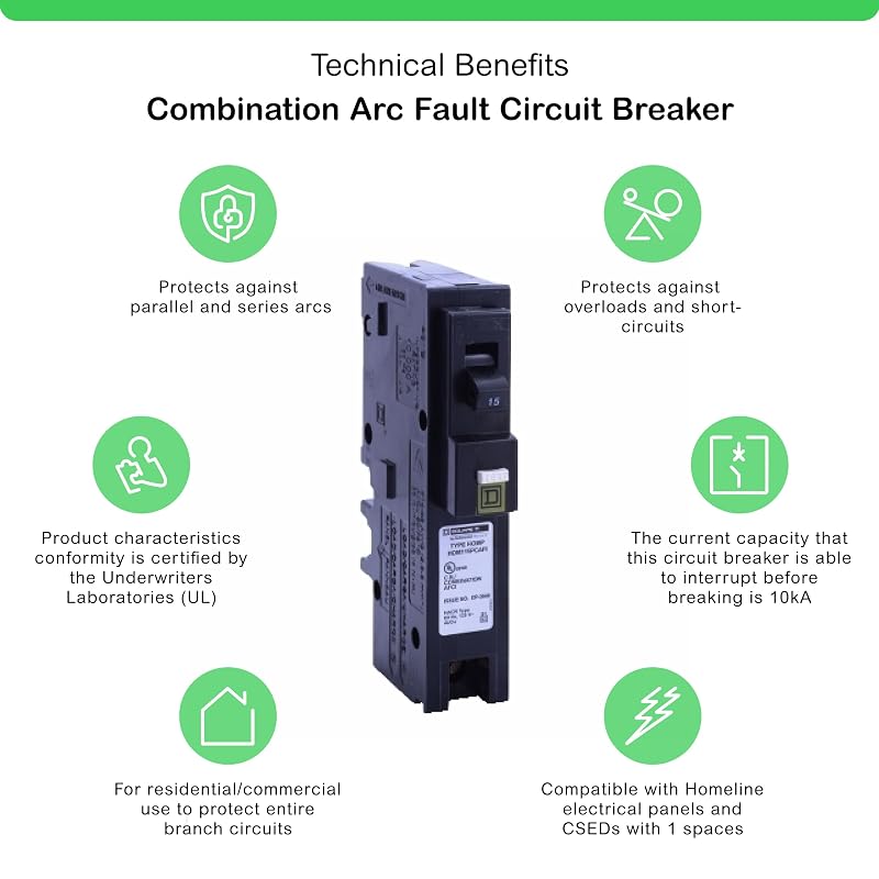 15 Amp CAFCI/GFCI Plug-On-Neutral Single-Pole Breaker for Homeline - 120V, 10kA (HOM115PCAFIC) Variation: Breaker, 15-Amp