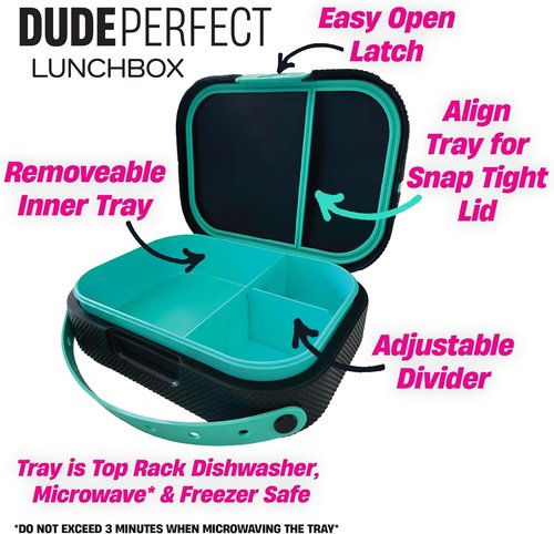 Dude Perfect Lunch Box - Leak Proof Bento Box with Snap Tight Lid & Adjustable Divider | Black
