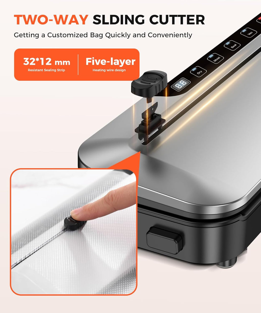 Vacuum Sealer Machine - 75KPa Food Preservation with 6-in-1 Modes & Digital Timer | Compact Design + 10 Bags (Black Silver)